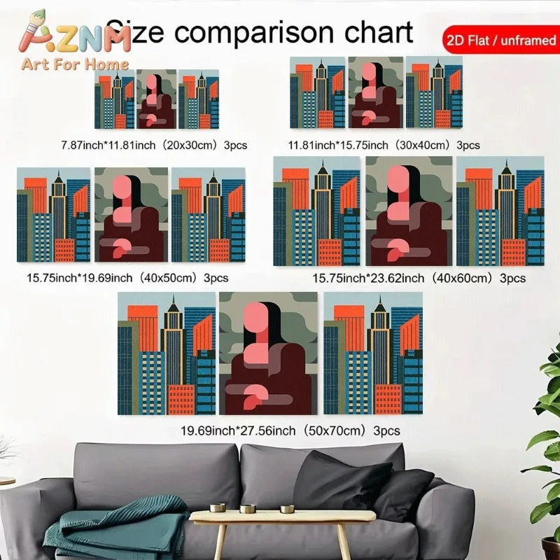 Unframed Canvas Wall Art 3pcs City Skyscraper Geometric Abstract Figure Modern Poster Print for Home Wall Decoration