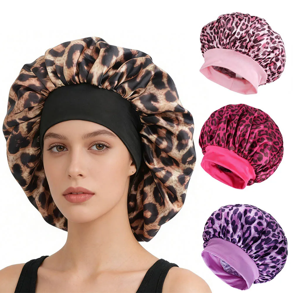 Women's Plus Size Leopard Print Wide Brim Sleep Cap, Comfort