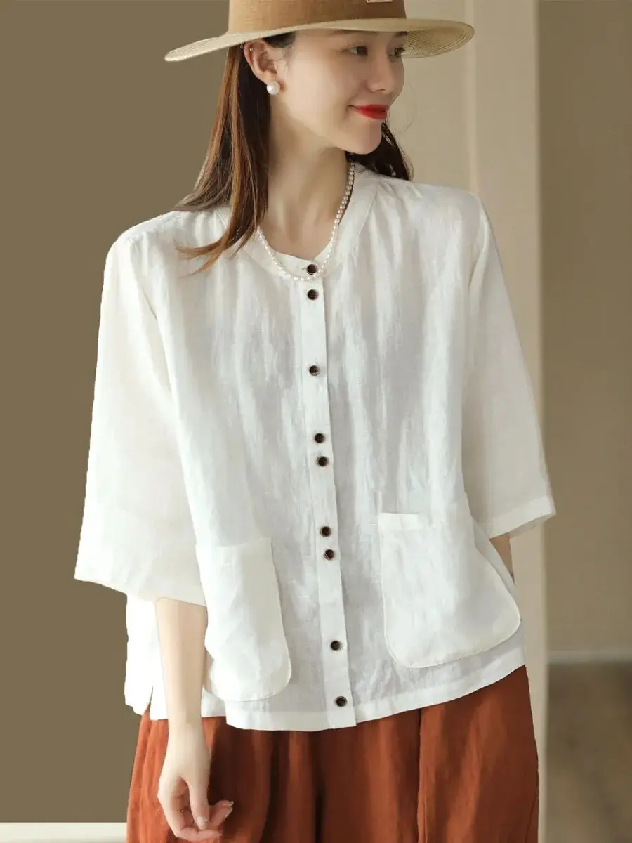 Shirts Women Round Collar Cotton Linen Loose Three Quarter Sleeve Chinese Style Vintage Temperament Solid Simple Leisure Summer