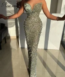 Vestidos de Noche elegantes de sirena verde con perlas, moda de Dubái, vestido largo de fiesta de boda con lentejuelas, vestido de graduación personalizado para mujer 2023