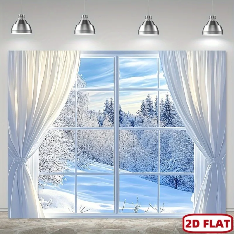 Tapiz plano 2D para colgar en la pared con nieve de invierno, panel de ventana esmerilado y paisaje nevado con efecto de ventana abierta, plano horizontal 2D
