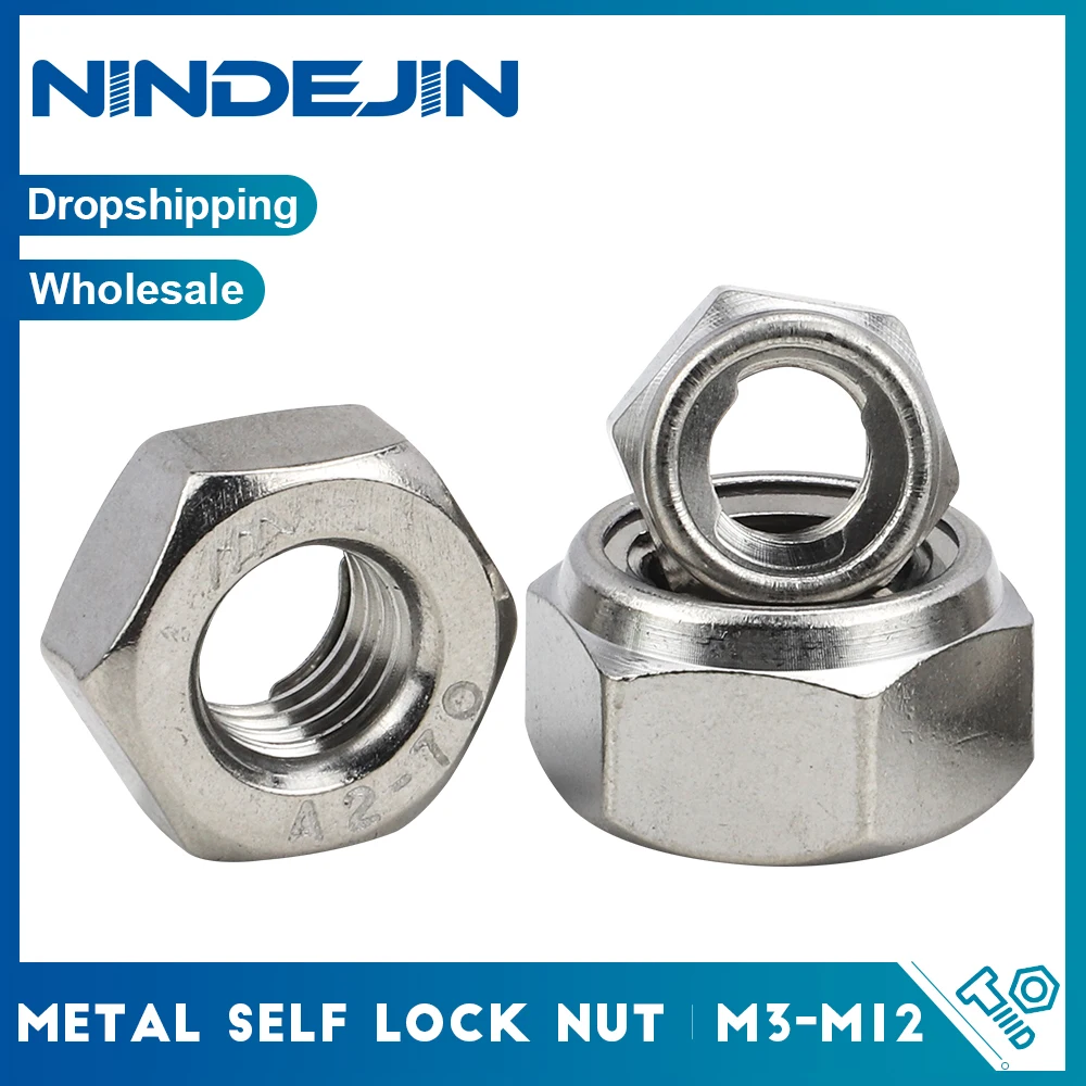 

NINDEJIN 2/4pcs All Metal Insert Hexagon Lock Nut M3 M4 M5 M6 M8 M10 M12 Hex Self Locking Locknut