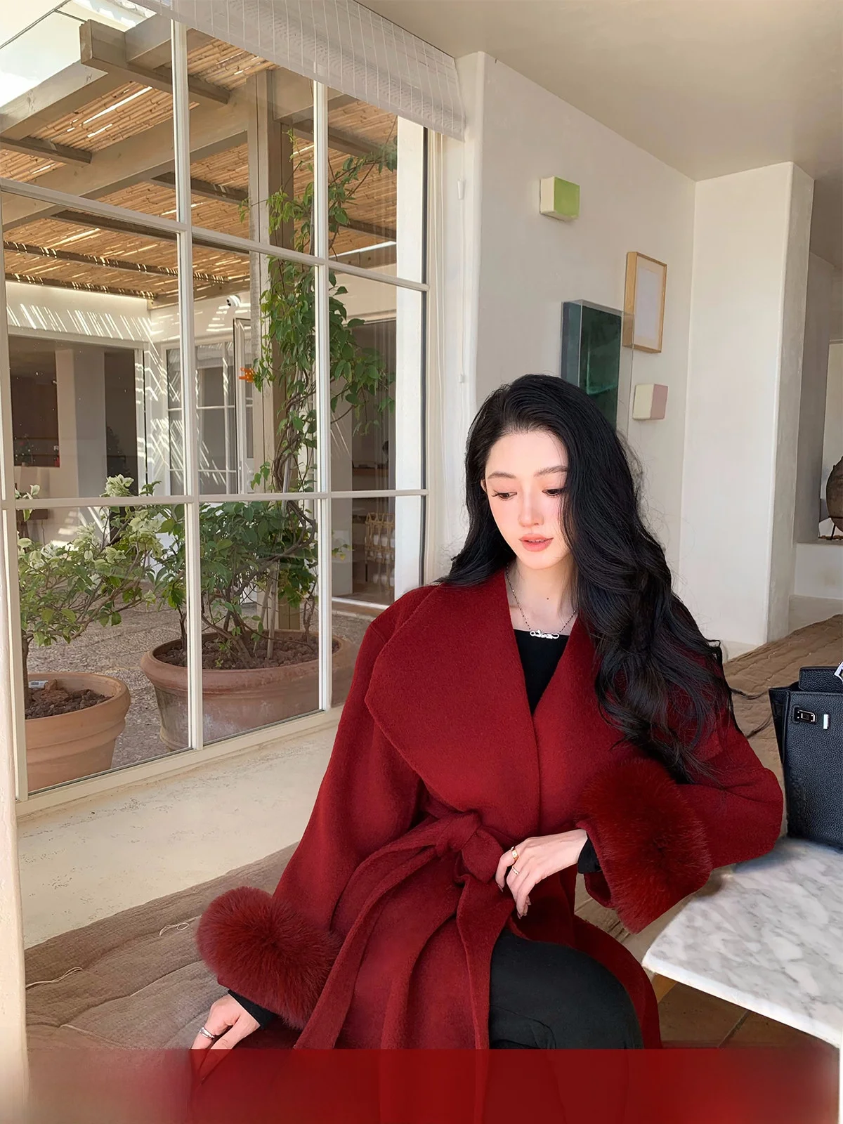 

Двустороннее шерстяное пальто Bury, длинное, свободного кроя, с V-образным вырезом, красное, с отложным воротником, женское, зимнее, верхняя одежда Zeng