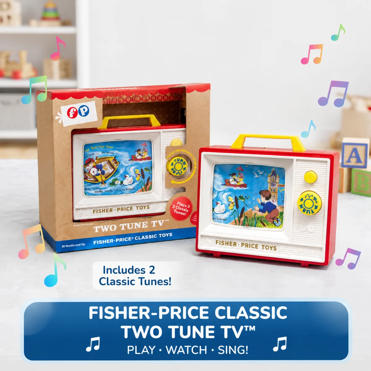 Vintage Giant Screen TV Music Box Two Tune Stories 2009 Row Your Boat Fully Functional Retro Collectible Display Toy