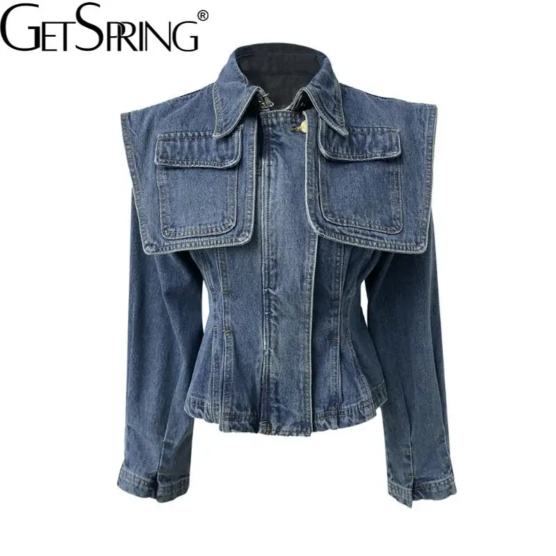 Getspring Women Denim Jacket Retro Large Pocket Decoration High Waist Short Ladies Jean Coat Fashion All Match Autumn Tops 2022