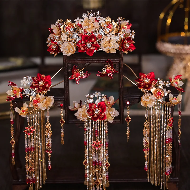 

Xiuhe Headdress Chinese Retro Elegant Glaze Coronet Hairpin Crown Hair Ornament Female Wedding Xiuhe Clothing Accessories