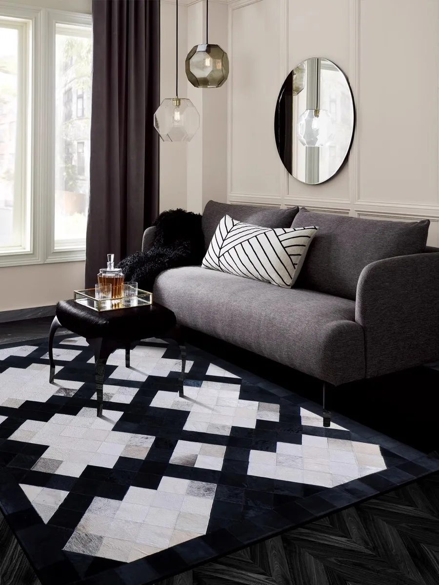 Black White Geometry Living Room Carpet Real Cow Hide Handmade Luxury Bedroom Rugs Black White Simple Villa Big Size Floor Mat