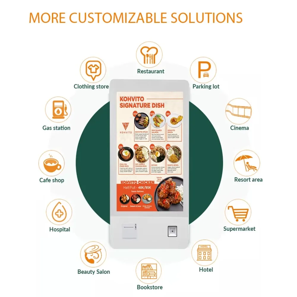 32-Inch interactive digital signage kiosk for self-service ordering and payment systems in restaurants and cafeterias