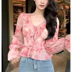 Niche Elegance Corset Temperament Unique Chiffon Tops Women Spring French Sweet Lacing Long Sleeves Ruffles Printing Shirt