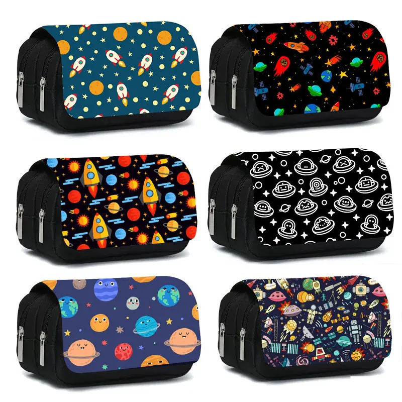 

Cartoon Spaceship Astronauts Aliens Cosmetic Case Pencil Bag Moon Star Planet Pencil Box Stationary Bag School Case Supplies