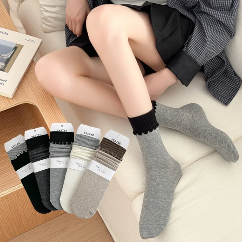 Color Matching Knitted Cotton Socks Women Autumn and Winter Japanese Elastic Long Socks JK Girls Lolita Kawaii Cute Ruffle Socks
