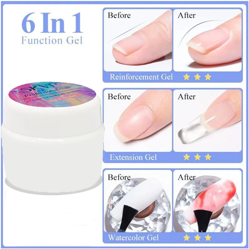 Gel de esmalte para manicure, Soak Off Base, Top Coat, Extensão UV, Aquarela, 6 em 1 função