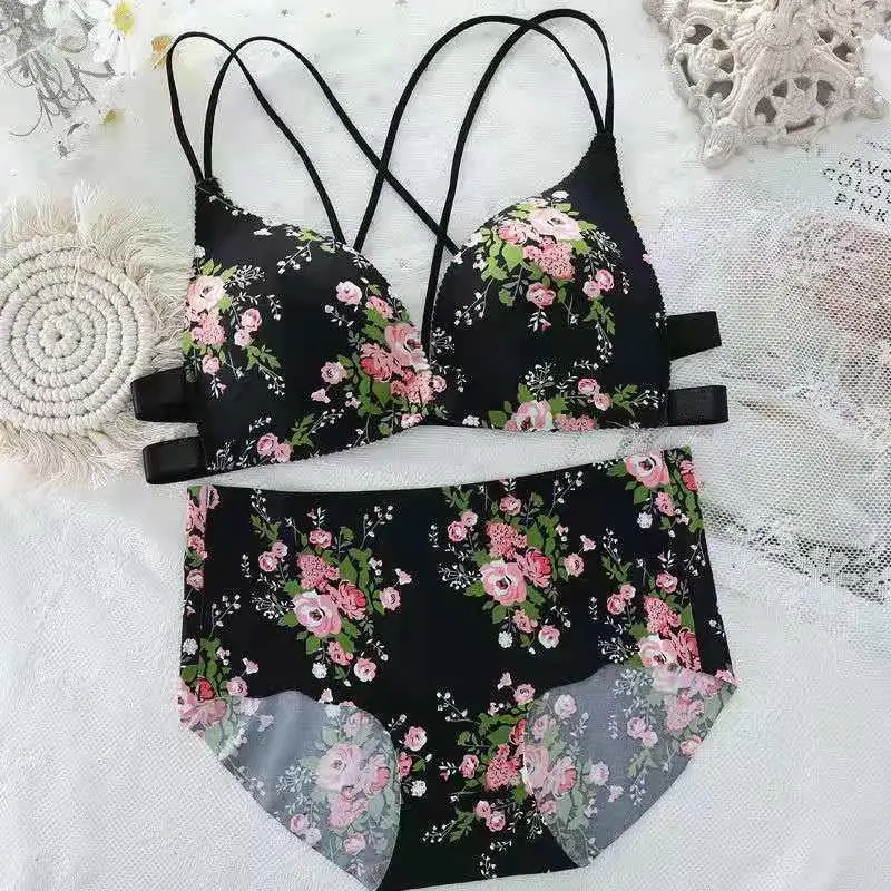 

Thickened Print Women's Bra Set Cross Back Gathered Push up Underwear Female Leopard Pattern Home Clothes Underwear Set