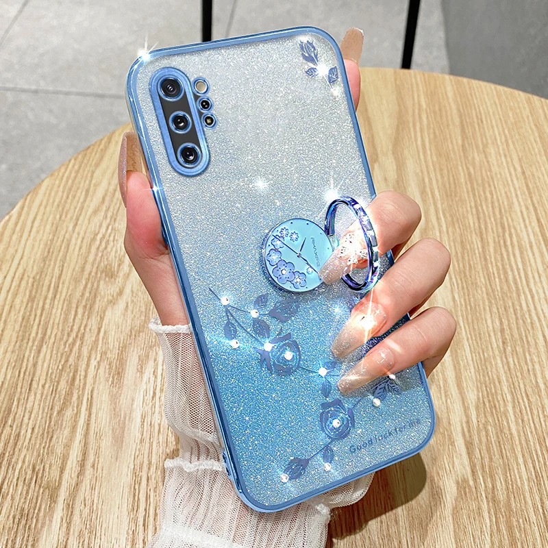 Gradient Glitter Powder Ring Holder Phone Case For Samsung Galaxy Note 10 Plus Shockproof Soft Back Cover