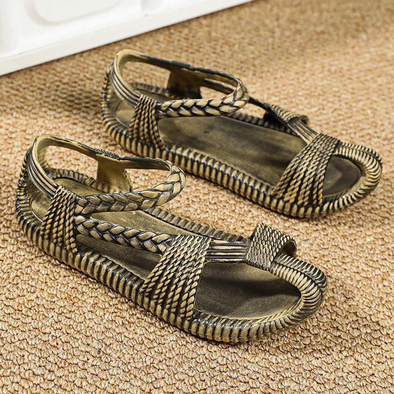 Men's Summer Outdoor Sandals Anti-Slip Roman Woven Grass Shoes Water-Resistant Driving Large Size Sports Beach Slippers