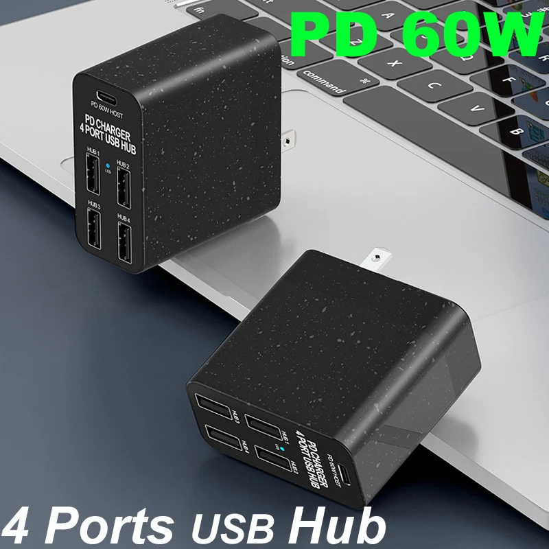 

2IN1 4 Ports USB 2.0 Hub+AC 110V-240V 60W PD USB 5V 1A Charger For Mobile hard disk OTG Transfer Laptop Notebook