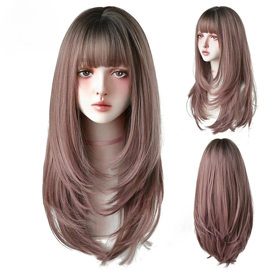 

Synthetic Wigs Long Straight Pink Brown Hair Top Dyed Black Omber Wigs With Bangs For Women Fashion Heat Resistant Wigs