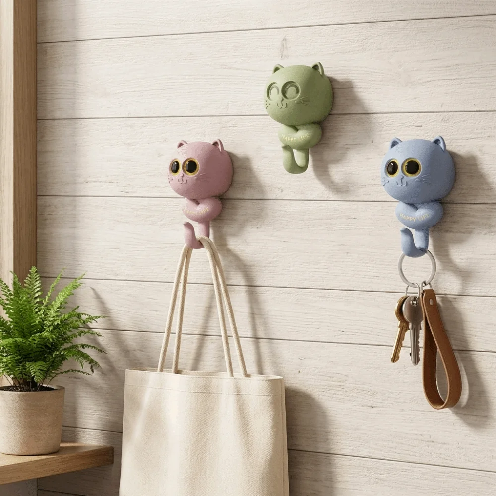 Sticky Hooks Plastic Cat Blink Eyes Hook Wall Hanging Decorative Animal Shape Hook Free Punching Cute Hat Hanger Bathroom