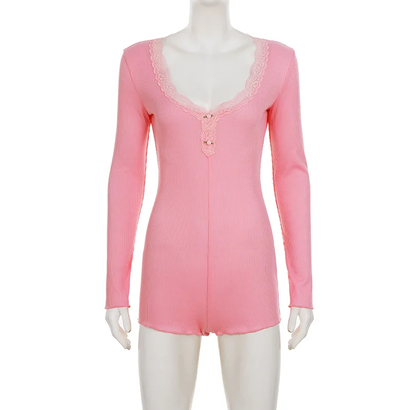 

French sweet style lace patchwork V-neck long sleeved slim fit jumpsuit for women