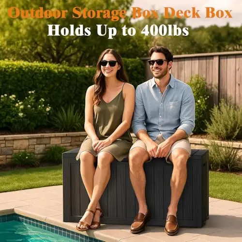 Outdoor Storage Box, 75 Gallon Waterproof Deck Boxes, Resin, Lockable Pool Deck Box for Garden Tools, Patio,Pool view 4