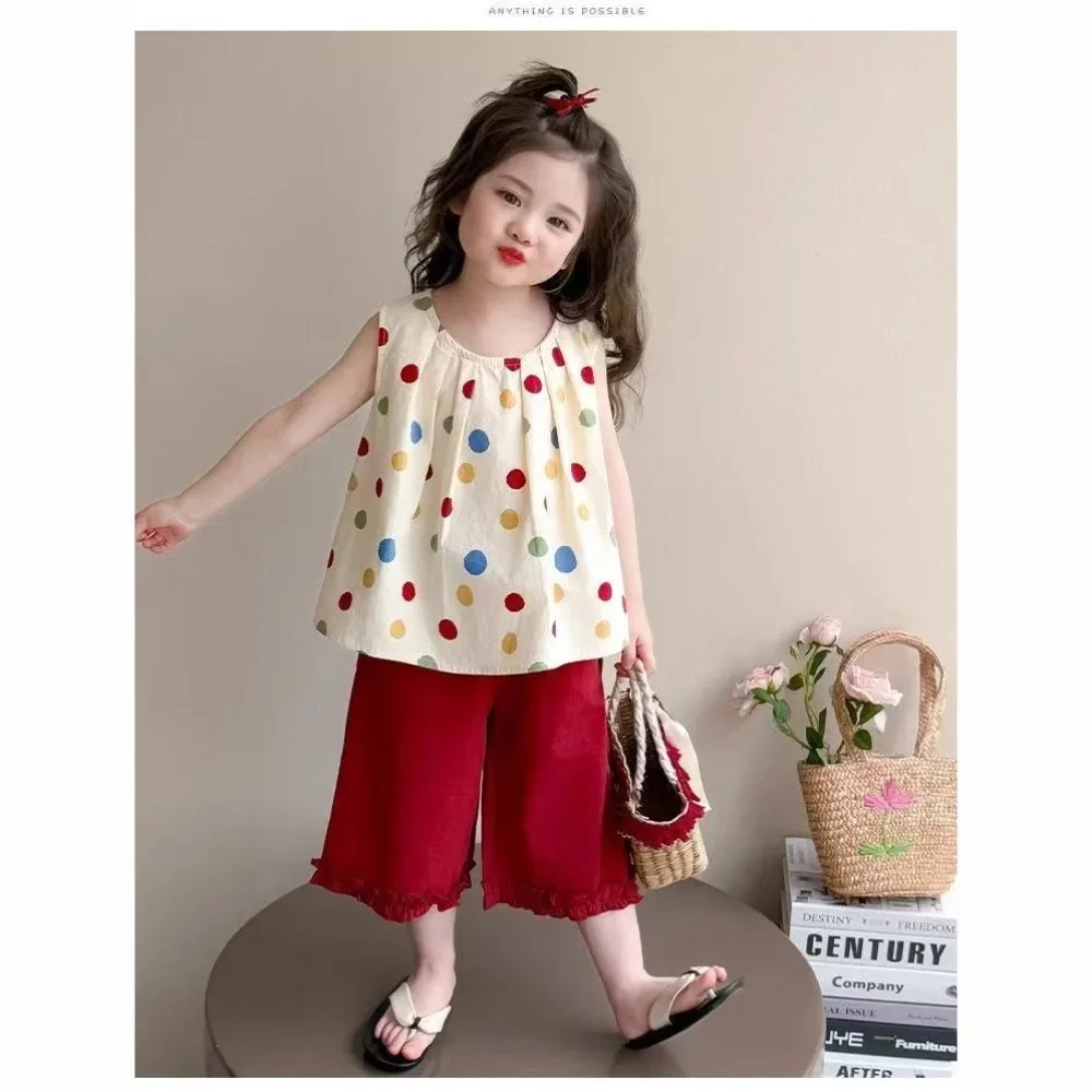 النسخة الكورية أزياء الفتيات دعوى موجة نقطة القوس سترة + الدانتيل مستقيم الساق السراويل قطعتين مجموعة ملابس الأطفال صيف جديد #3