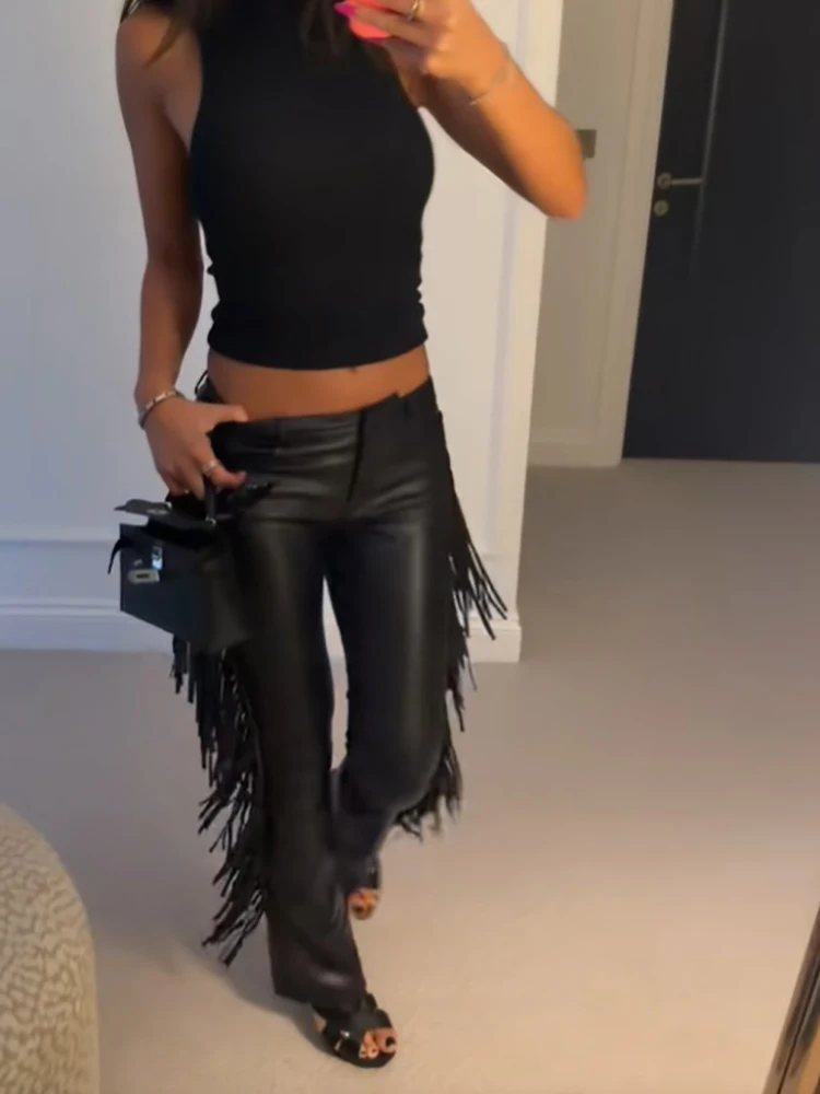 Y2k High Waist Fringe Faux Leather Flared Pants Women Side Tassel Design Slim Bootcut Leather Trouser Party Club Street Bottoms 3 Y2k High Waist Fringe Faux Leather Flared Pants Women Side Tassel Design Slim Bootcut Leather Trouser Party Club Street Bottoms 3