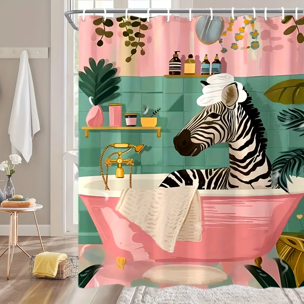 

«Винтажная акварельная занавеска для душа с зеброй для ванны — розовые и бирюзовые тропические растения, полиэстер, можно стирать в машине, игривый декор для ванной комнаты