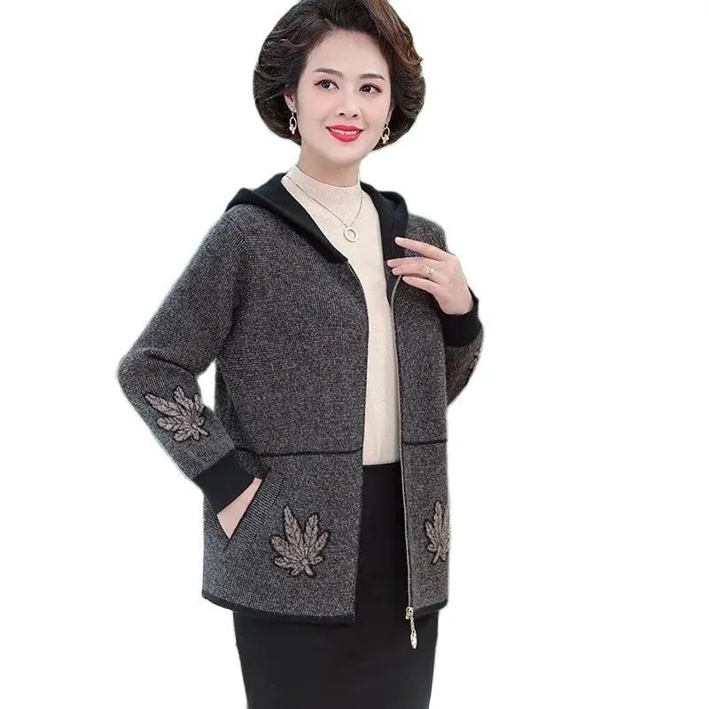 

Women's Hooded Sweater Coat Loose Female Outerwear 2022 Autumn Winter Season New Embroidery Knitting Cardigan Ladies Jacket