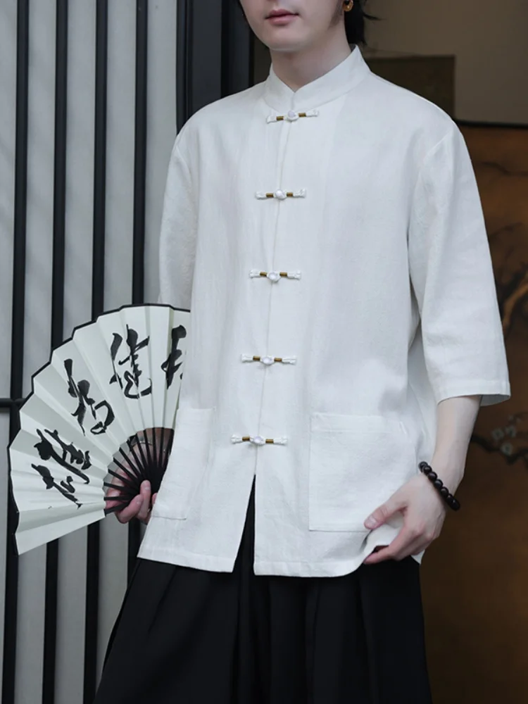 

New Chinese Sle Men's Cotton Linen ort Sve irt Summer Faion Five-Button Loose Fit Breathable Lightweight Top
