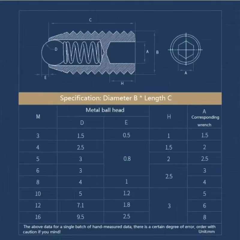 M2.5 M3 M4 M5 M6 M8 M10 M12 M16 304 Stainless Steel Wave Ball Positioning Steel Ball Spring Plunger Hexagon Bolts
