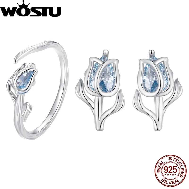 WOSTU New Arrival 925 Sterling Silver Tulip Earrings Opening Ring Set Spinel Ear Studs for Women Fine Jewelry Party Date Gift