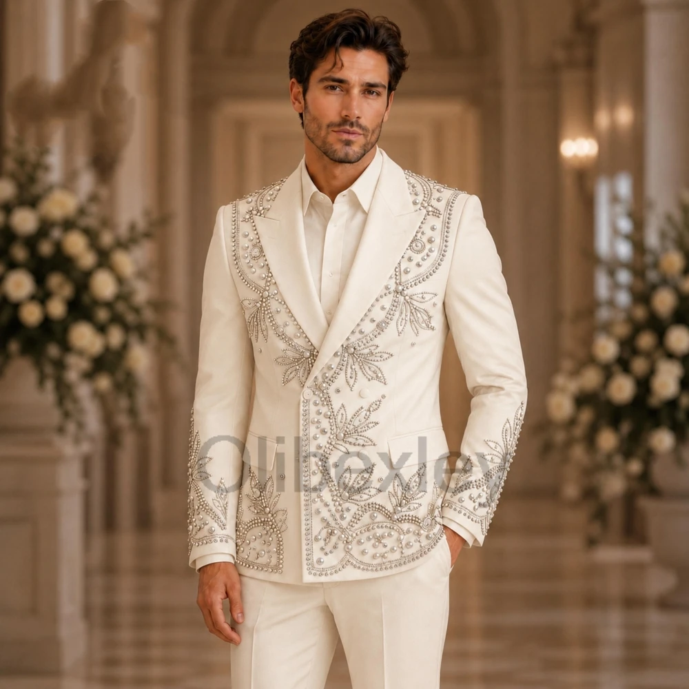 Olibexley Luxury Ivory 3 Pieces Men's Suits Double Breasted Groom Wedding Slim Fit Beaded Crystal Prom Tuxedo Customized S239