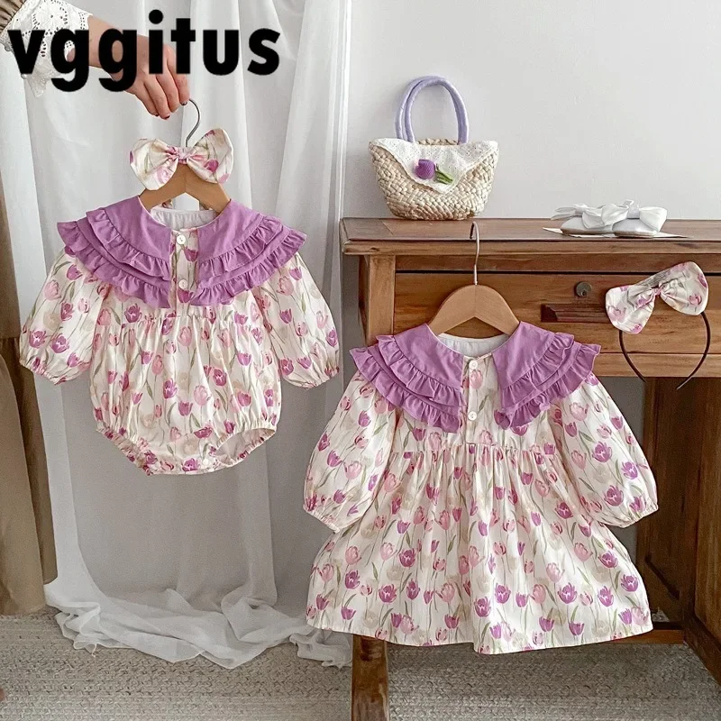 

Family Matching Sister Clothing Spring Sister Kids Princess Dresses Baby Girl Bodysuit Long Sleeved Print Party Dress H1116