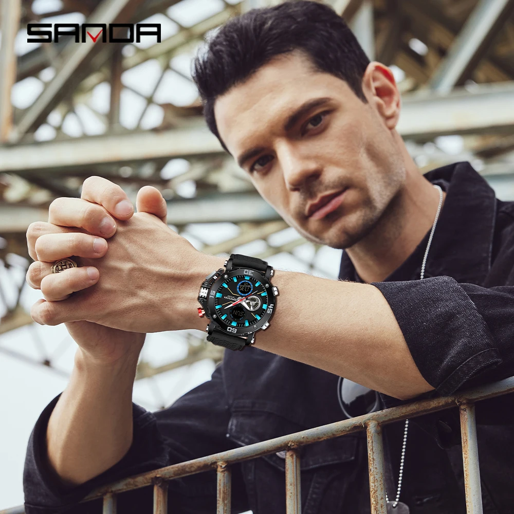 SANDA 3350 ساعة إلكترونية عصرية وعصرية للرجال رياضية متعددة الوظائف مقاومة للماء عرض مزدوج ساعة إلكترونية للرجال
