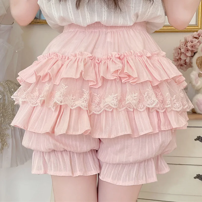 Pink Women Girls Dark Patterned Cotton Multi-layer Pumpkin Pants Mini Panties Loli Bottom Black Sleepwear
