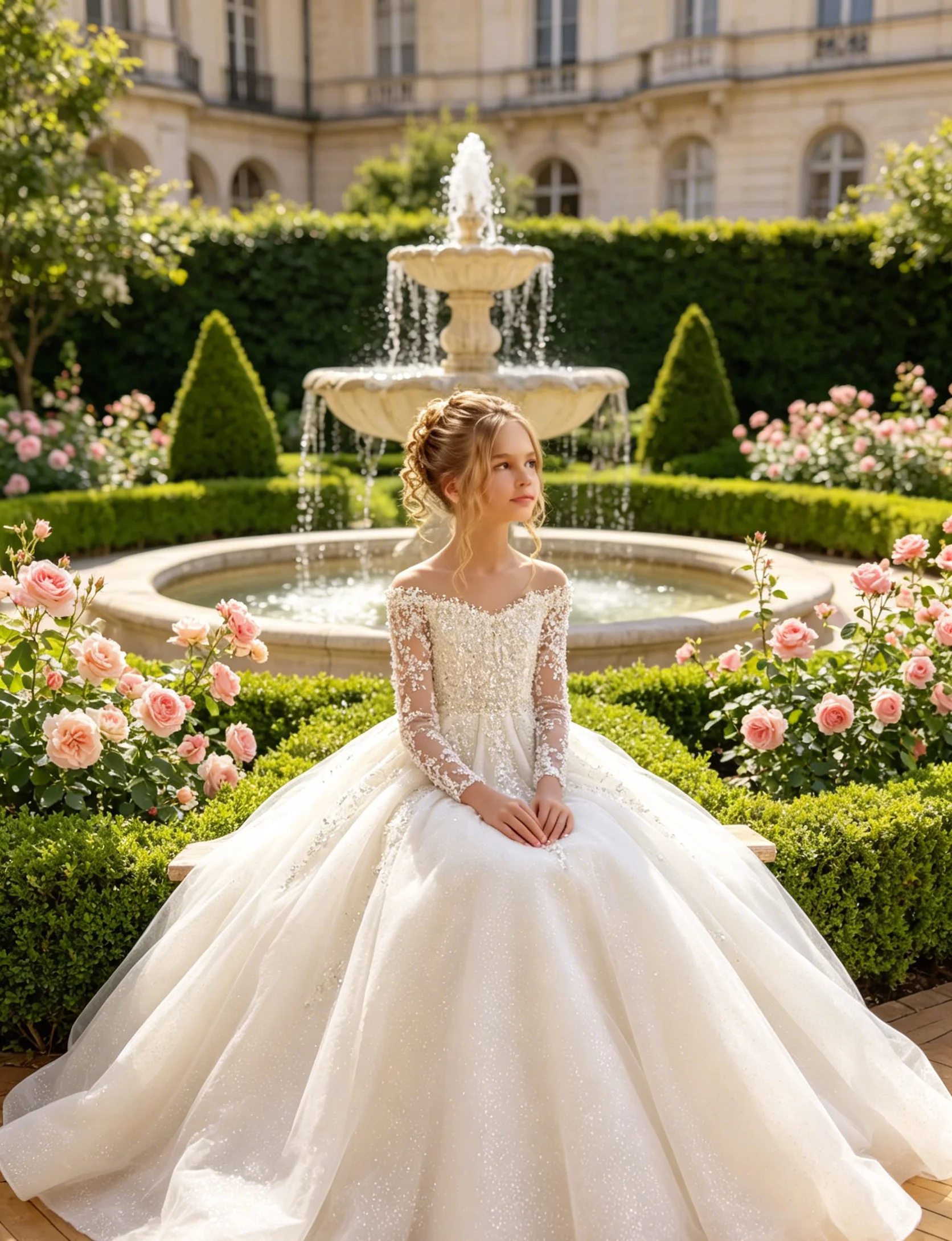 Princess Custom Flower Girl Dress For Wedding Full Sleeves Pearls with Bow Floor Lenght Kids Birthday Party First Communion Gown