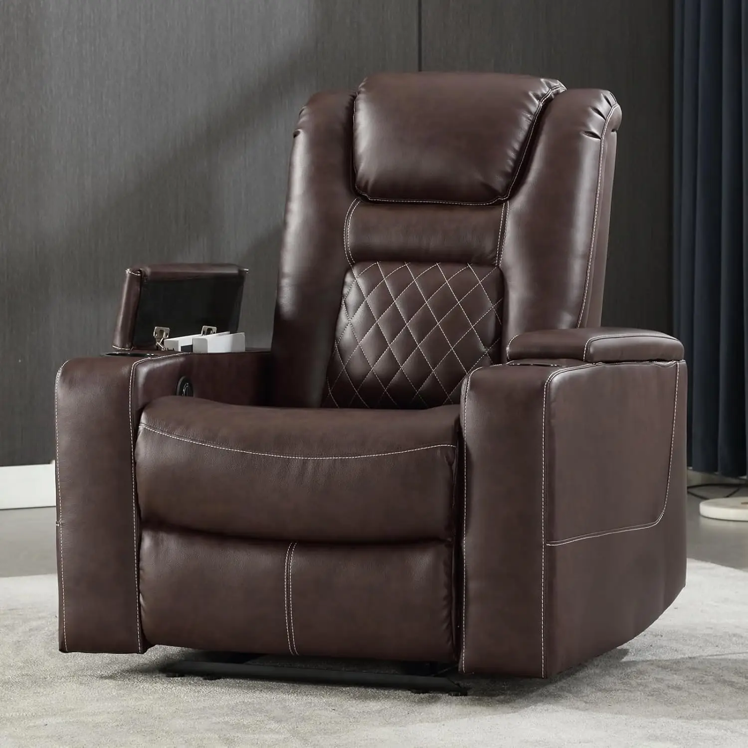 Electric Power Recliner Chair with USB Ports and Cup Holders, Breathable Leather Home Theater Seating with Hidden Arm Storage (R