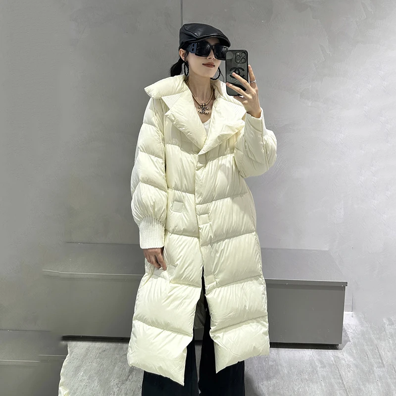 Winter 90 White Duck Down Knee Length Long Jacket Warm Thick Snowwear Down Jackets Women Long Sleeves Oversized Cotton Jacket