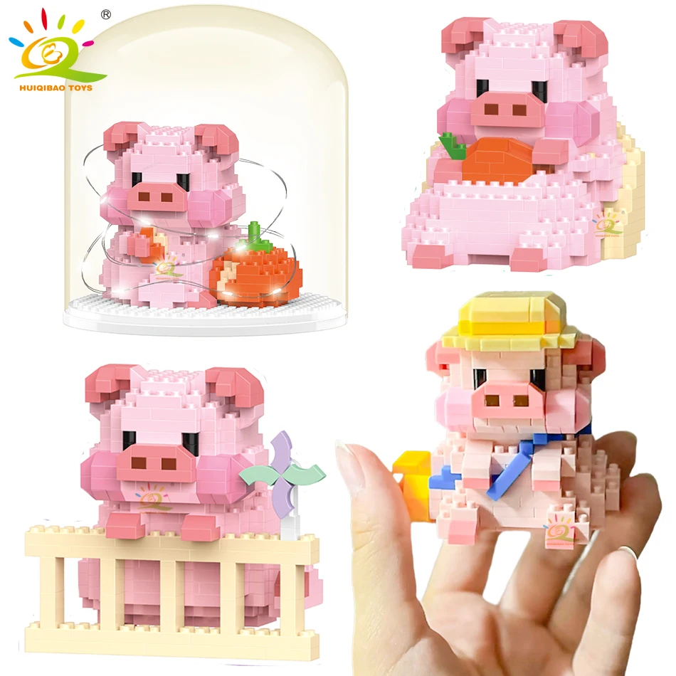 HUIQIBAO Mini Cute Pig Micro Building Blocks 3D Diamond Model Animals Bricks DIY City Construction Toys for Children Kids Gift