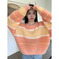 Sweet Striped Knitting Tops Women Autumn Winter Simplicity Loose O-neck Long Sleeve Sweater Fashion All-match Casual Knitwear