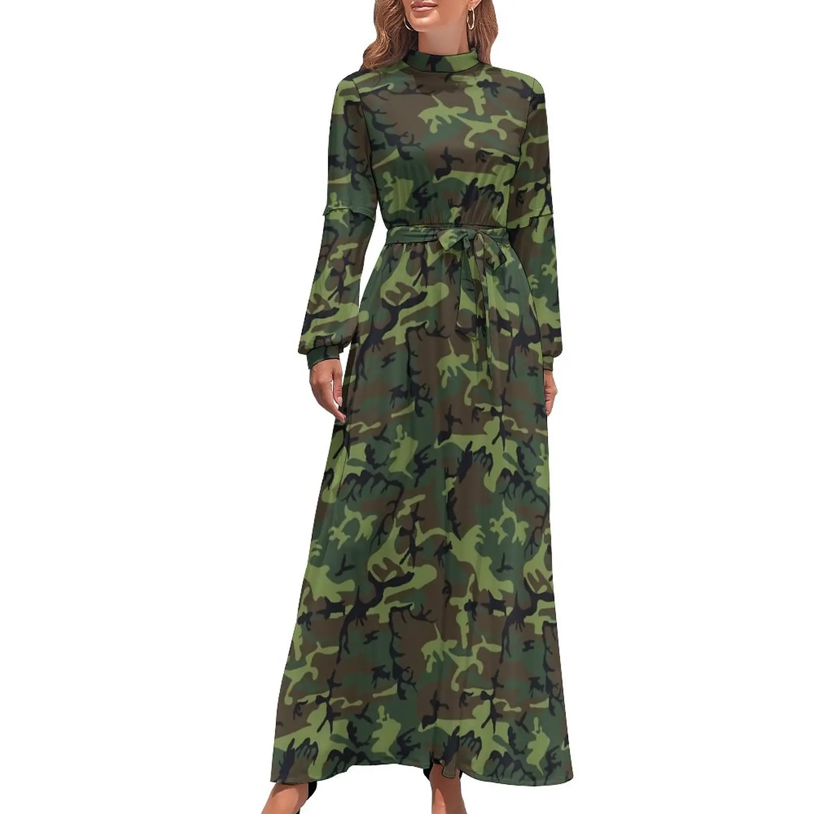 Military Camo Dress High Waist Green Camouflage Graphic Bohemia Dresses Long-Sleeve Stylish Long Maxi Dress Elegant Vestido