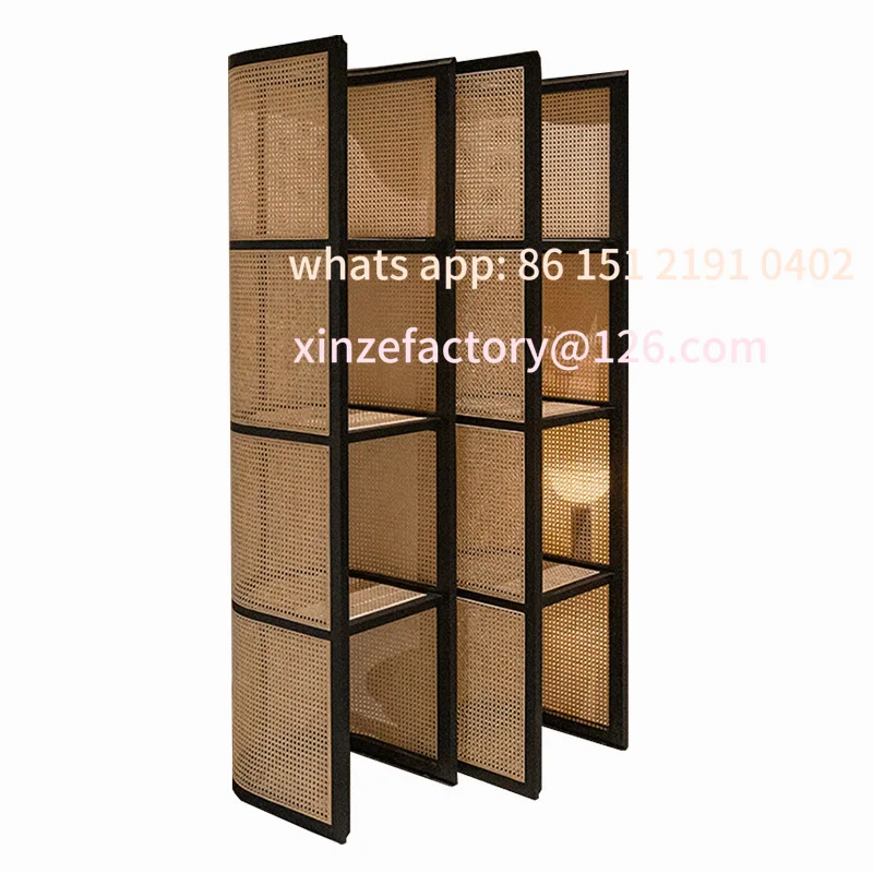 

Customizable Black Rattan Shelf Small Apartment Living Room Multi-layer Floor Shelf Wabi **** Wind Home Corner Cabinet Solid Woo