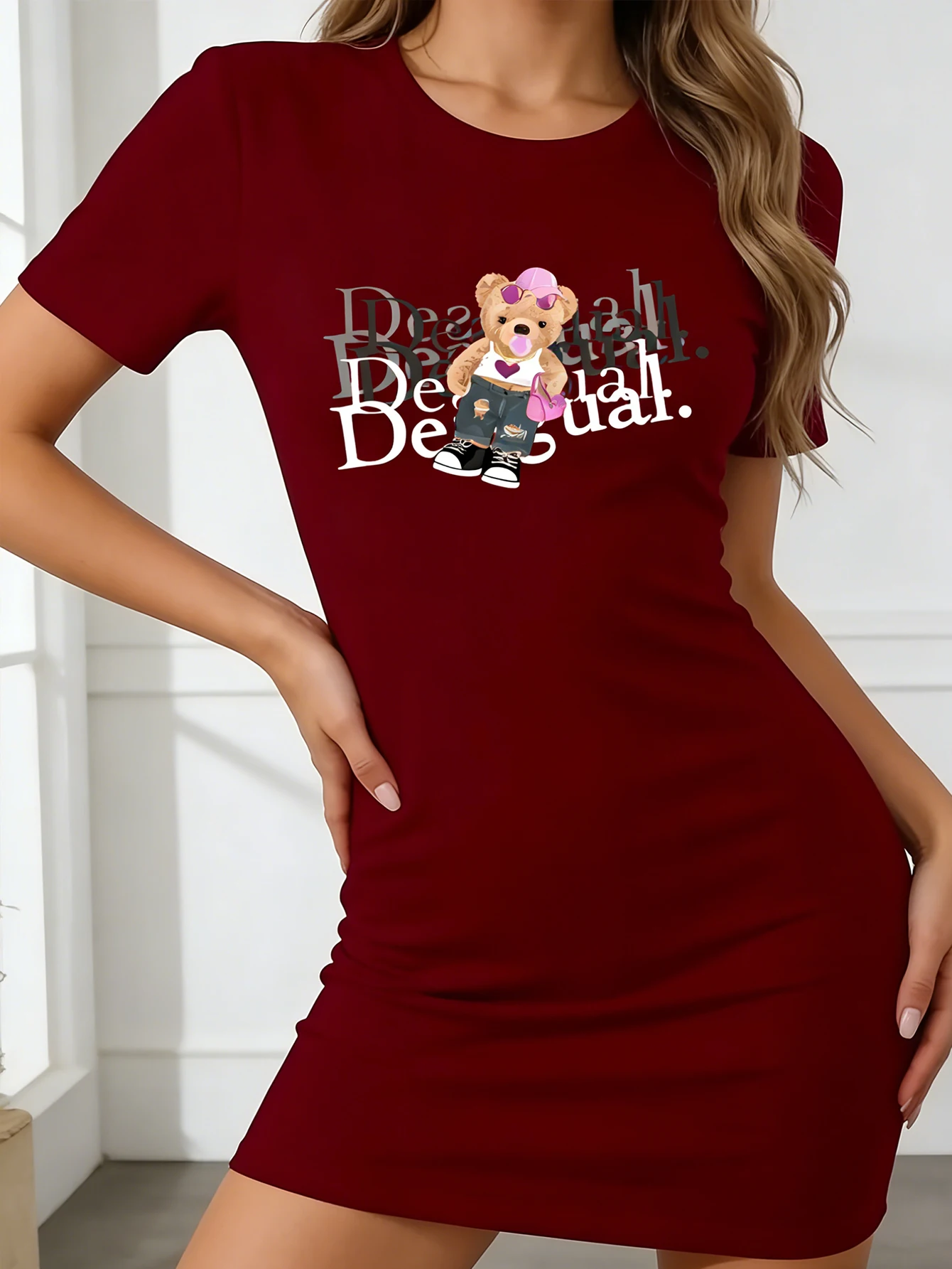 Teddy bear print short-sleeved dress - Casual round neck, short sleeves, machine washable - Spring/Summer casual style