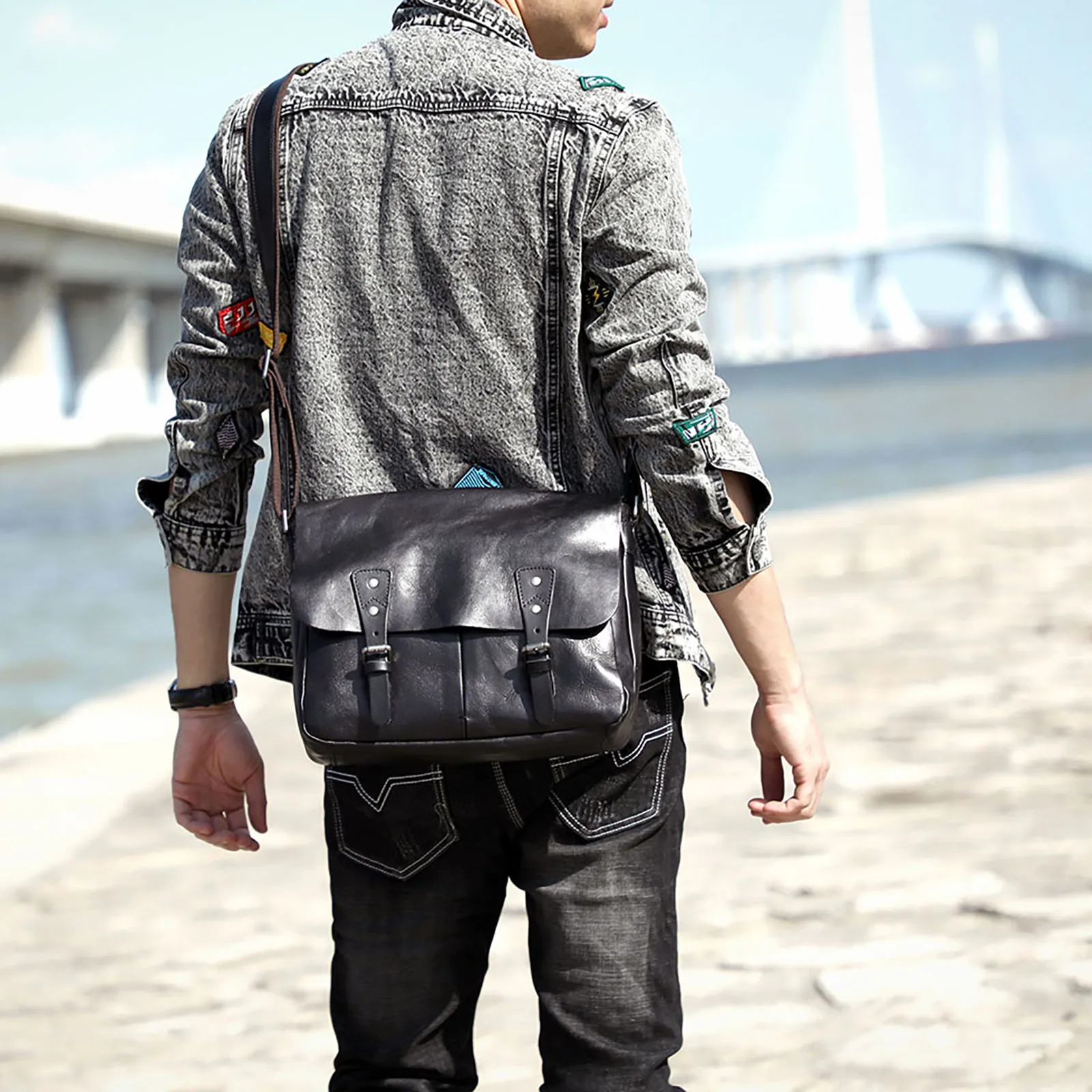 S.WORKER Echtleder Herren-Umhängetasche, Crossbody-Taschen, einfache Messenger-Taschen, Rindsledertasche, pflanzlich gegerbte Mode, lässig. – Detail 2