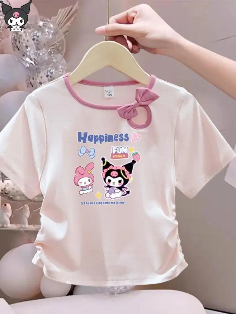 

Kuromi My Melody Girls T Shirt Anime Cartoon Kawaii Sanrio Half Sleeved Summer New Bow Design Fashion Soft Sweet Skin Friendly