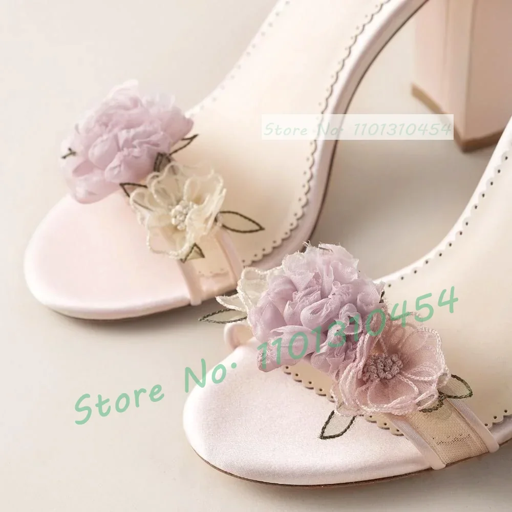 Flowers Block Heels Sandals With Leaves Strap Women Colorful Floral High Heels Pink Shoes Ladies Comfy Casual Party Dress Sandal