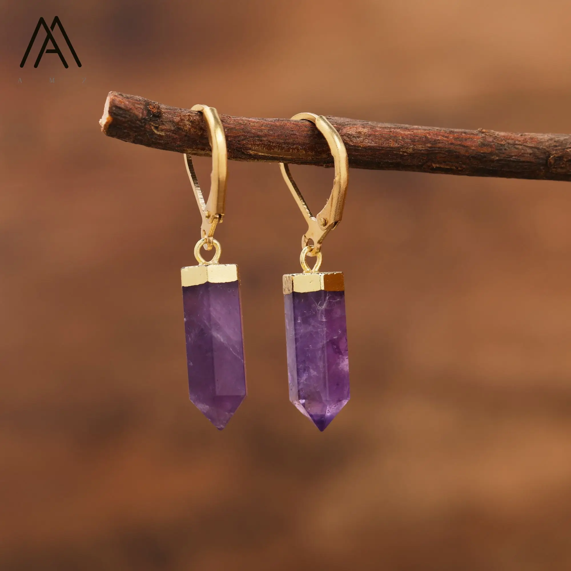 Natural Gems Stone Hexagonal Crystal Point Pendant Hook Earrings Amethyst Labradorite Birthday Gifts Women