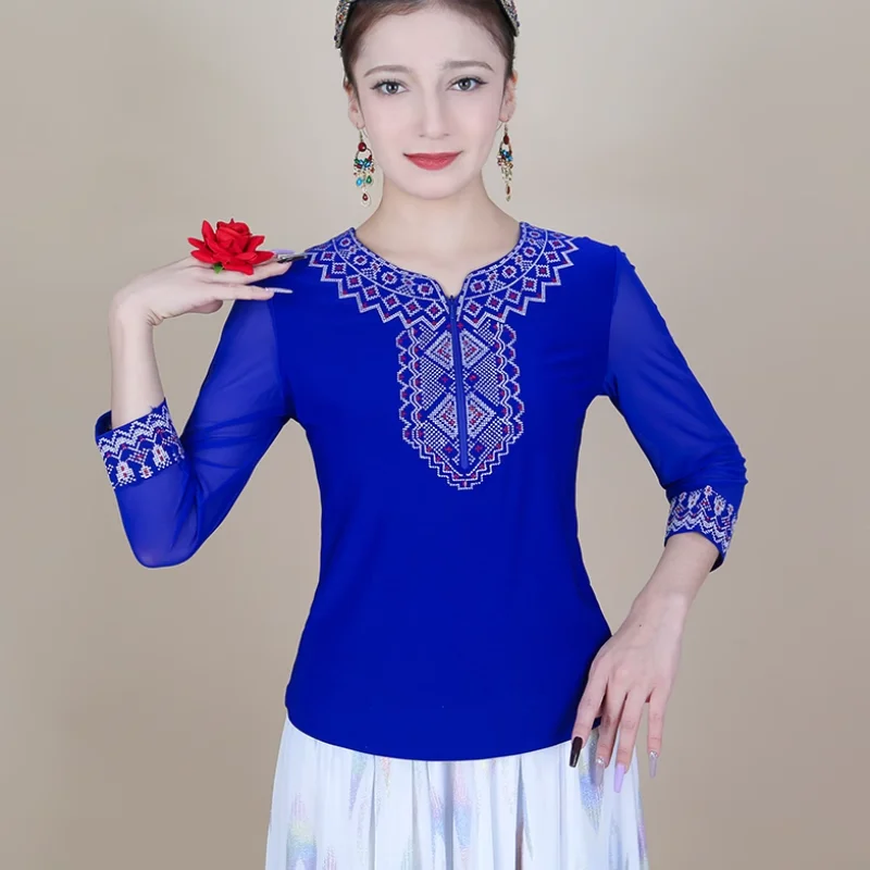 

Chinese Xinjiang Uyghur Embroidered Seven Quarter Sleeve Performance Costume Women's Top