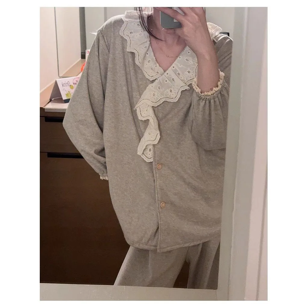 Indumenti da notte in pizzo Set pigiama da donna Autunno Piiama Pantaloni a maniche lunghe Set da donna 2 pezzi Coreano Night Wears Grigio Home Suit 2025 Nuovo