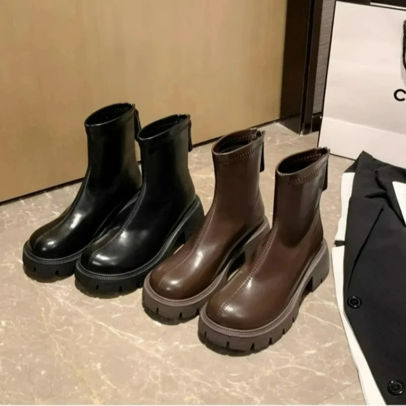 Jesienny damski zamek błyskawiczny z okrągłym noskiem Chelsea Boots modny nowy masywny obcas botki dla kobiet buty damskie na platformie